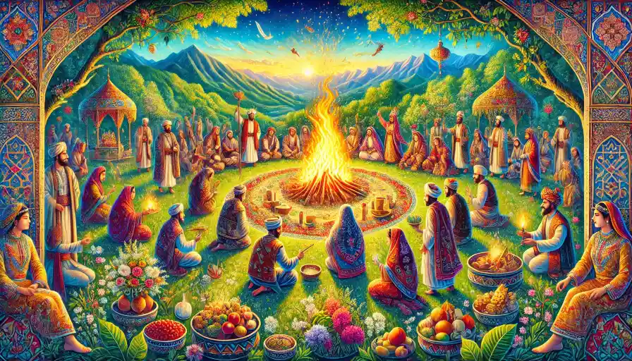 DALL·E 2025 01 08 10.58.52 A vibrant illustration of an ancient Persian festival celebrating nature featuring people dressed in traditional Persian attire gathered around a fir 3